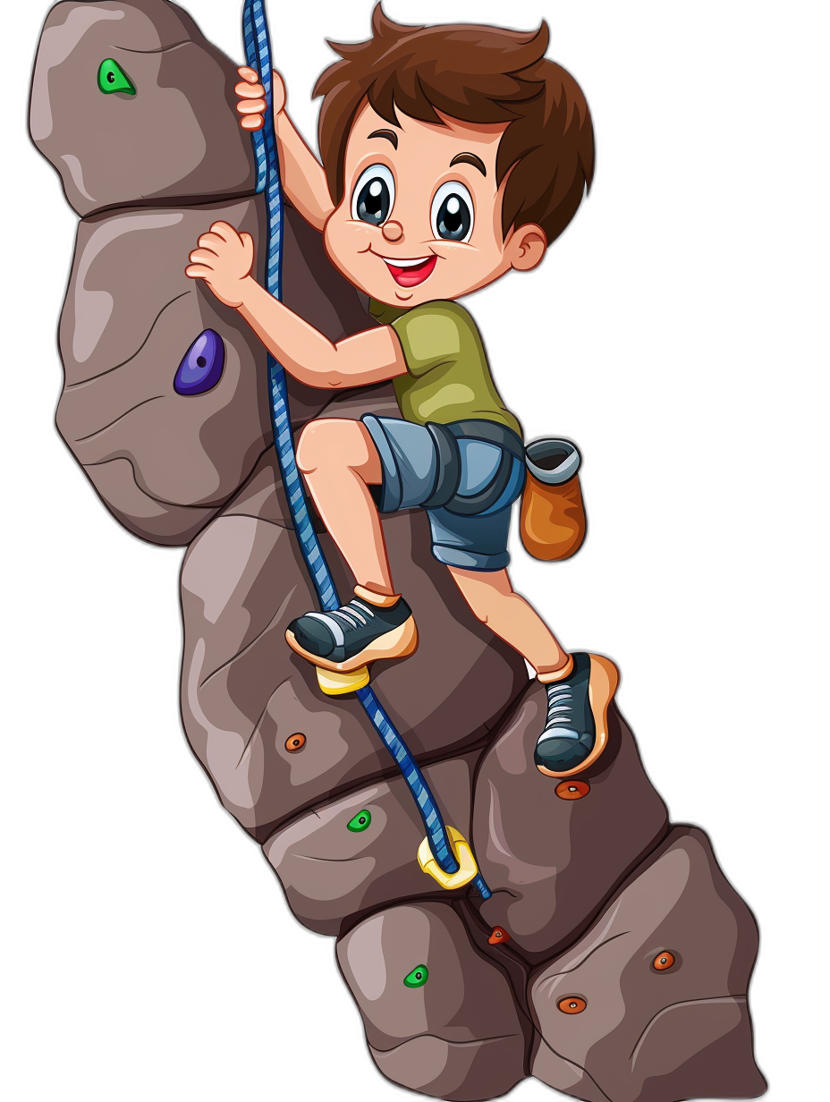 A cartoon boy climbing a rock wall in the style of clip art, isolated on a black background.