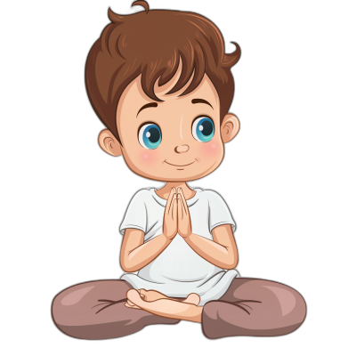 cartoon of cute little boy doing yoga, sitting cross-legged with hands in prayer position, isolated on black background, t-shirt design vector illustration digital art, white color and brown hair