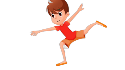 A cartoon boy is doing sports, jumping and dancing on a black background in a simple flat style. The character has brown hair with bangs and wears a red short-sleeved shirt. He's wearing orange shorts and white socks on his feet. His hands hanging down by his side. A cartoon animation in a full body view in the style of no particular artist.