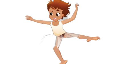 A cartoon illustration of an adorable little boy with short brown hair and big eyes, wearing a white tank top ballet outfit and tights, dancing in the air on a black background, in the style of Disney Pixar.