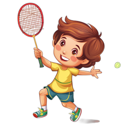 A cute little boy playing badminton in a vector illustration style with a black background and yellow shirt. He is smiling happily while holding the racket in his hand to hit the ball. The cartoon character has brown hair, wearing green shoes on his feet and blue shorts. It's very lively and full of vitality, in the style of .