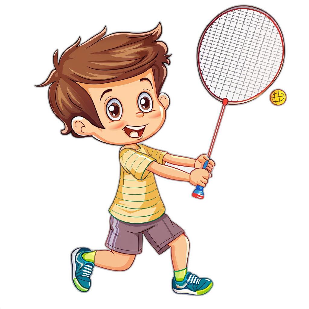 A cute little boy playing badminton in the style of clip art with a black background.