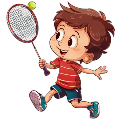 cartoon child playing badminton, vector illustration, t-shirt graphic design, ultra detailed, isolated on black background, front view