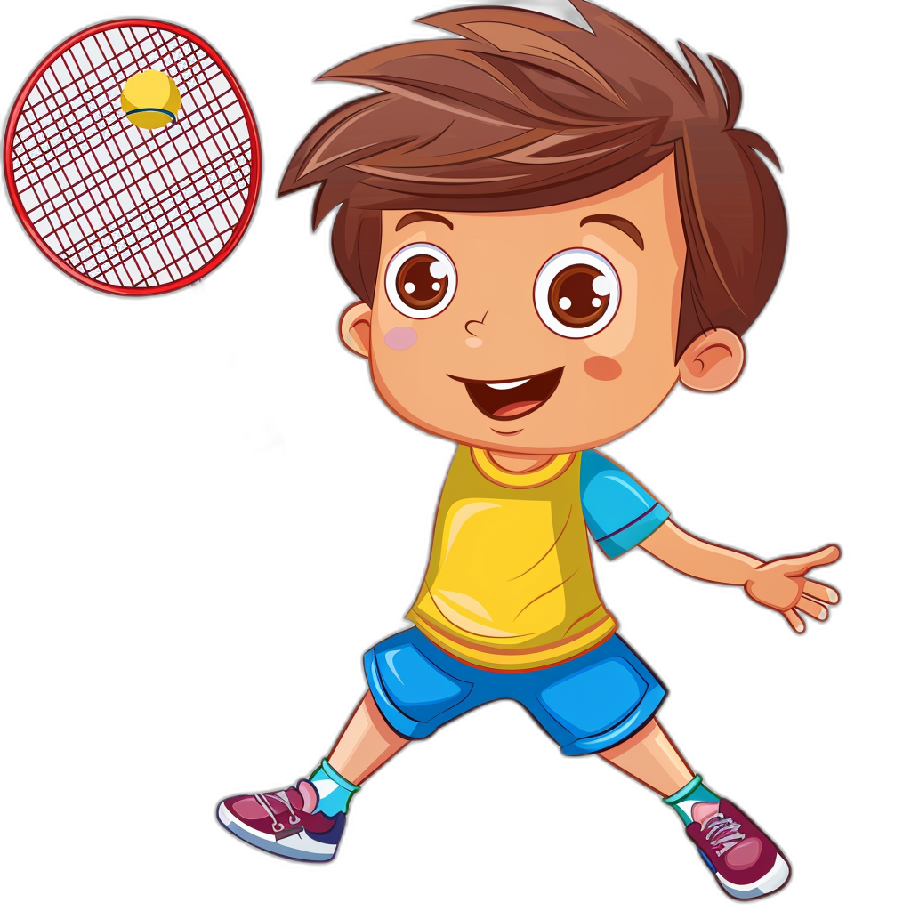 A cute little boy playing badminton in a cartoon style with simple strokes. He has colorful  with a black background in the flat vector illustration with no shadows and sharp lines. He has brown hair, big eyes, pink shoes, blue shorts, and a yellow t-shirt. He holds a red badminton tennis racket in his hand with a happy expression and smiling face. It is a high resolution, high quality, high detail digital masterpiece in the style of .