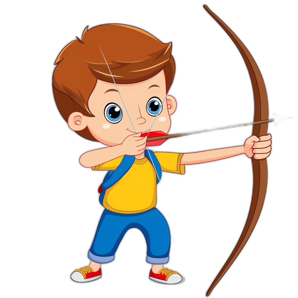 Cute cartoon boy shooting a bow and arrow in the style of vector illustration on a black background.