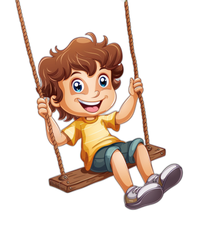 a cute happy cartoon boy on the swing, clip art style isolated black background