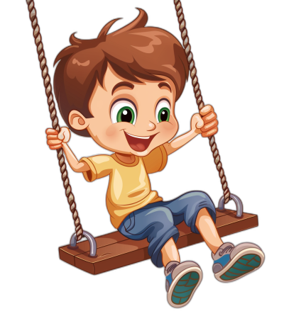 a cute cartoon of happy boy sitting on the swing, clip art style isolated black background