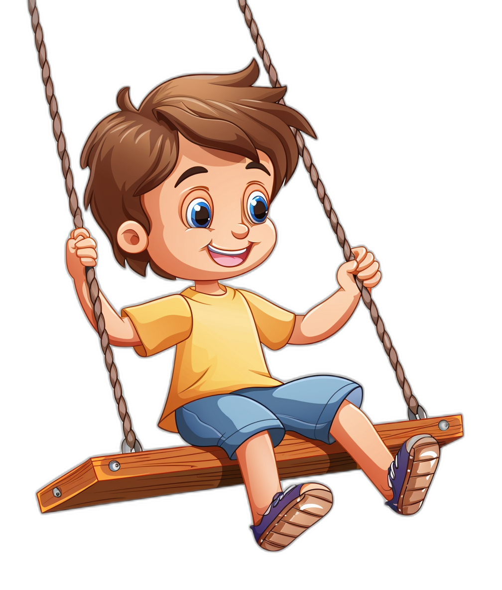 A cartoon vector illustration of cute boy sitting on the wooden swing, smiling and having fun isolated black background