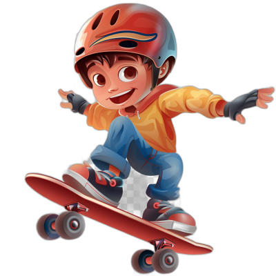 A cartoon boy riding on a skateboard, wearing a helmet and gloves, in the style of Pixar with a character design, character sheet, on a black background, as a full body, flying up in the air, smiling with teeth visible, wearing blue jeans and a red shirt with an orange sleeve and white checkered pattern inside, in the style of Pixar art, 2D render.