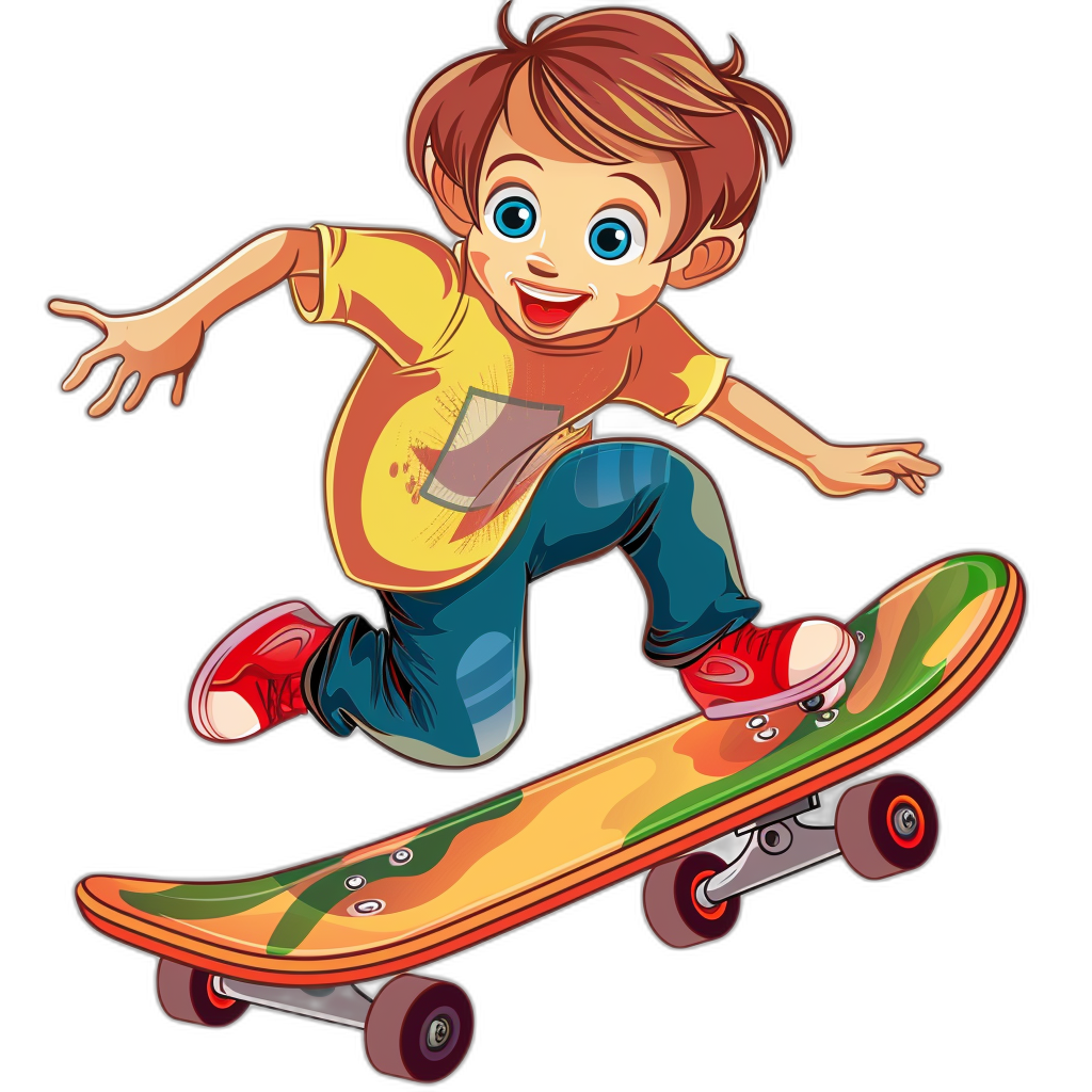 cartoon boy on skateboard, clip art for stickers with a black background