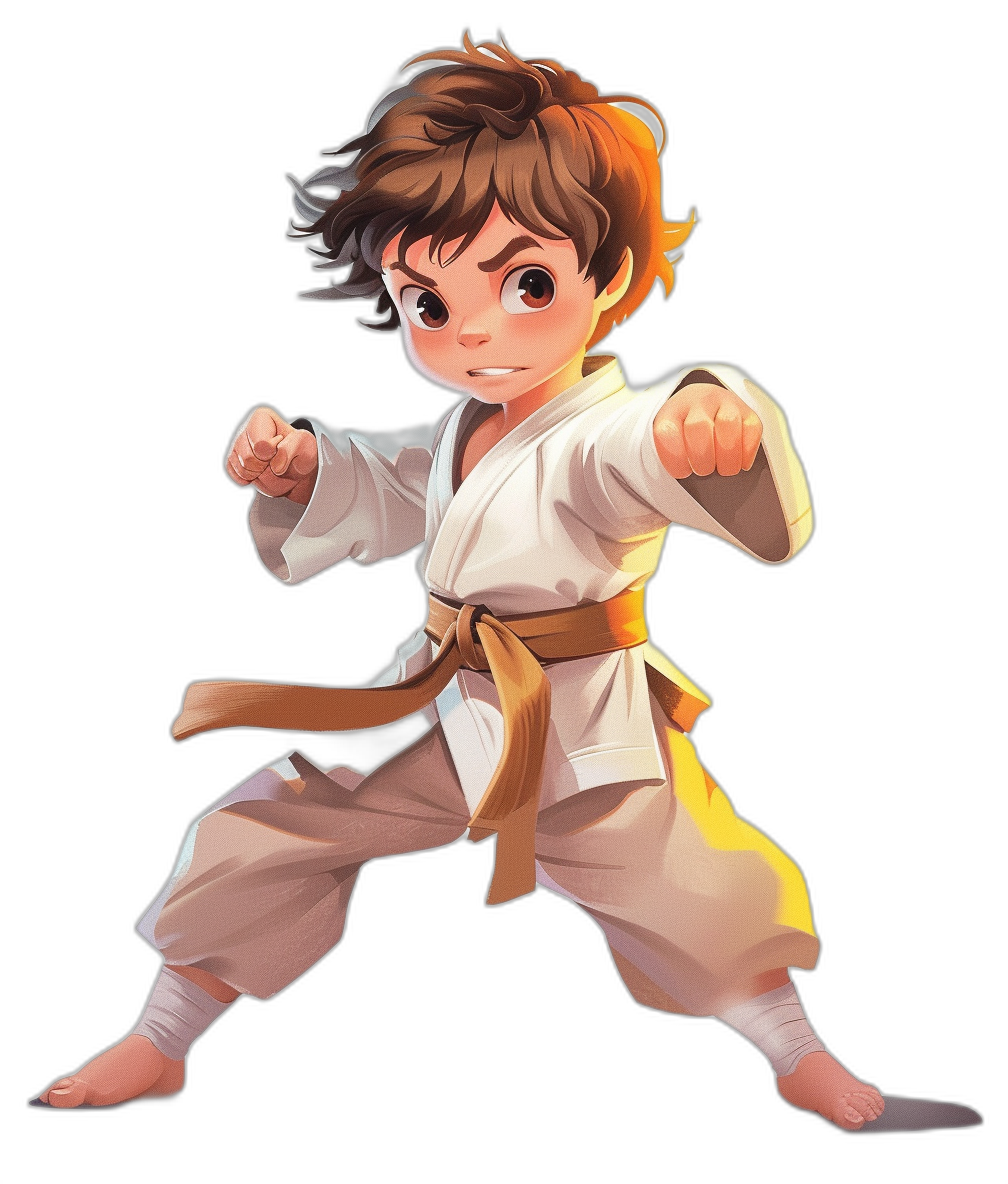 A young boy with brown hair in white karate robes, ready to fight, character design in the style of [Studio Ghibli](https://goo.gl/search?artist%20Studio%20Ghibli), isolated on a black background, 2D game art style, full body