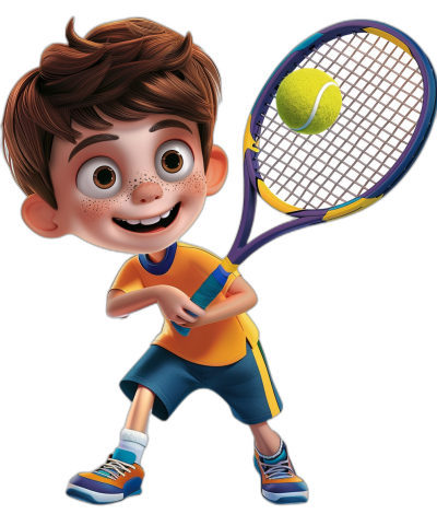 A cute boy playing tennis in a cartoon style with bright colors against a black background in an illustration style reminiscent of Pixar animation. He is holding a tennis racket and hitting a ball with it, wearing a yellow shirt, blue shorts, orange shoes and white socks. He has brown hair, big eyes, a small nose and a smiling face. The character is in the center of the image, wearing sneakers on his feet. The image is high resolution.