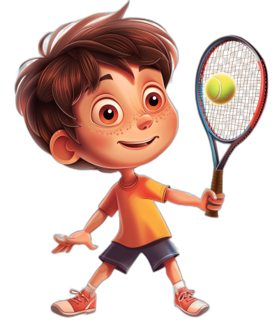 A boy playing tennis in a cartoon style for a children's book illustration character design in a game. The cute face has big eyes and a smile, holding a racket in the right hand and ball on the left, wearing a short-sleeved T-shirt on a black background as a full body portrait 3D rendering in the style of Pixar animation. The colorful color scheme has high definition details in the style of Disney Pixar Animation.