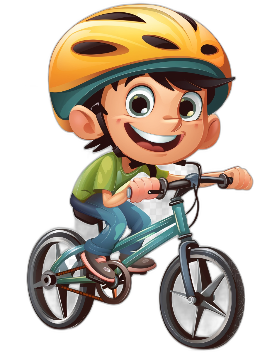 cartoon style boy riding his bike, smiling with helmet on black background, in the style of Pixar cartoon, high resolution, high quality