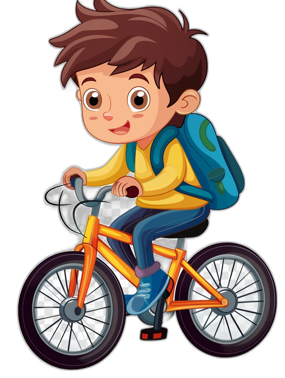 a cute boy riding bicycle, cartoon style, vector illustration, full body shot, black background, wearing backpack and yellow shirt with blue pants