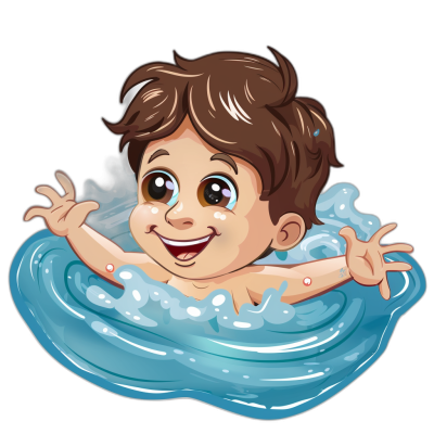 A cute cartoon baby is swimming in the water, smiling with big eyes and brown hair floating on top of his head. The vector illustration is in the style of with a black background. It has an exaggerated expression, with detailed features that capture it perfectly. The overall color scheme focuses on blue tones to highlight the joyous atmosphere.