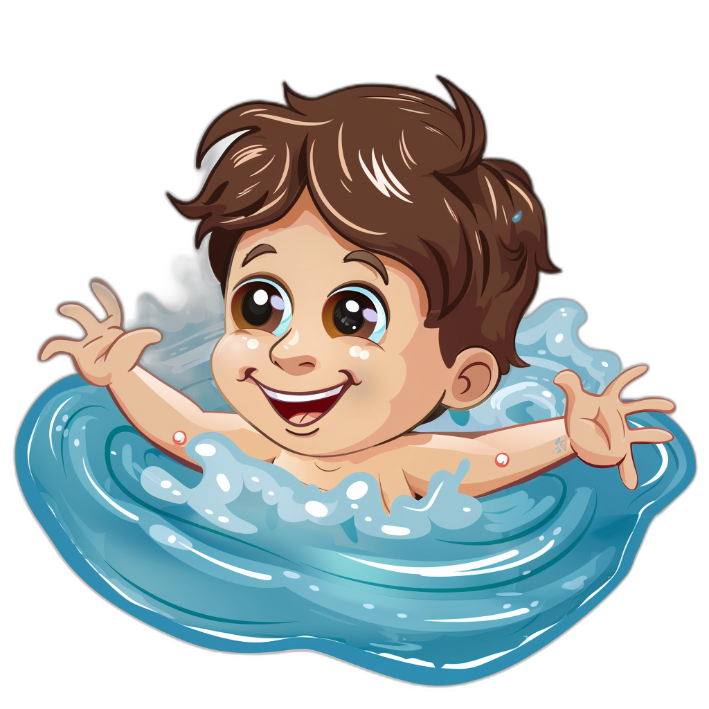 A cute cartoon baby is swimming in the water, smiling with big eyes and brown hair floating on top of his head. The vector illustration is in the style of with a black background. It has an exaggerated expression, with detailed features that capture it perfectly. The overall color scheme focuses on blue tones to highlight the joyous atmosphere.