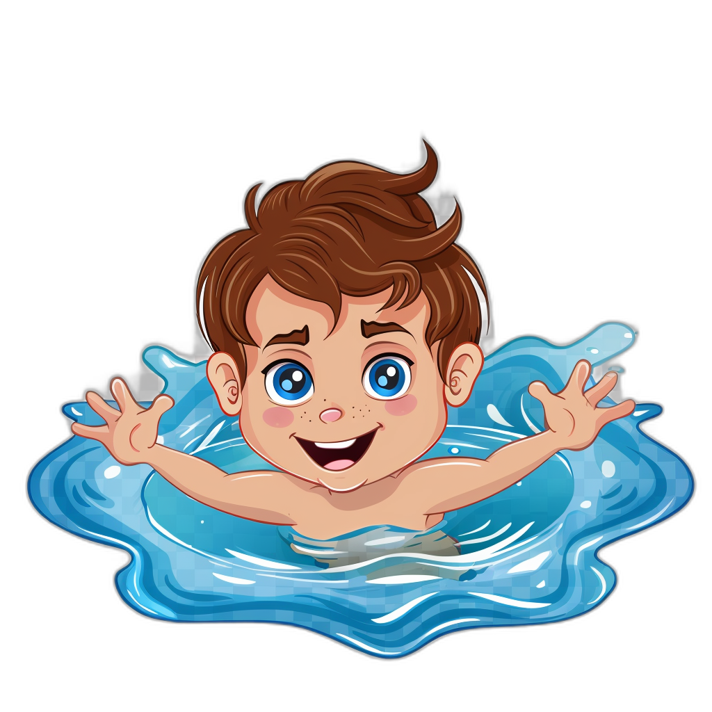 cartoon sticker of an adorable little boy with brown hair and blue eyes swimming in the water, he is happy, in the style of clip art on black background