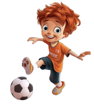 cartoon character of a boy with orange hair playing soccer, wearing a "mode" shirt, in the style of Disney, black background, in the style of Pixar