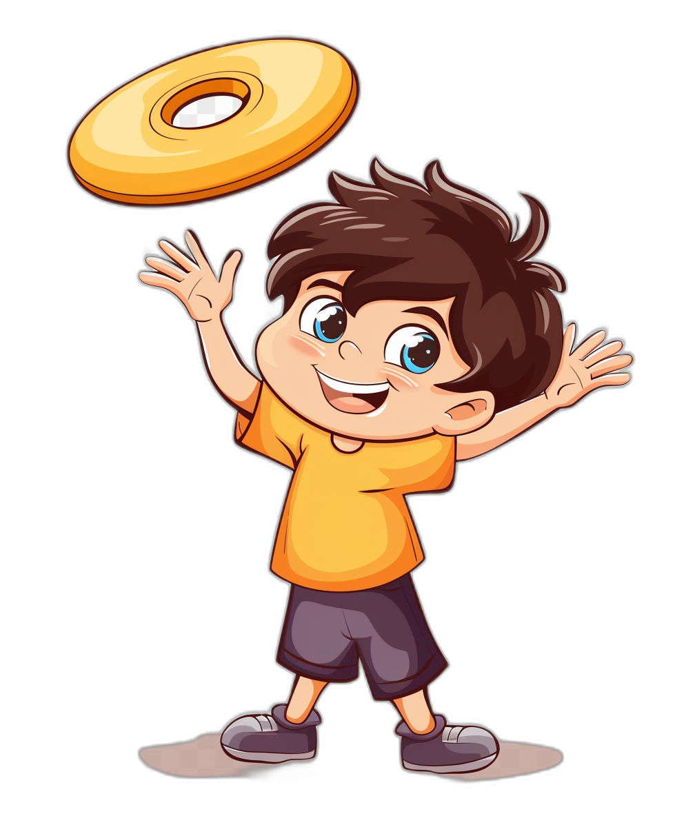 A cute cartoon boy with brown hair is playing frisbee, vector illustration style on black background, simple and clean design, bright colors, suitable for children’s  logo, Vector Illustration, Adobe Illustrator, high resolution, no shadows in the head, clear details of  and face,