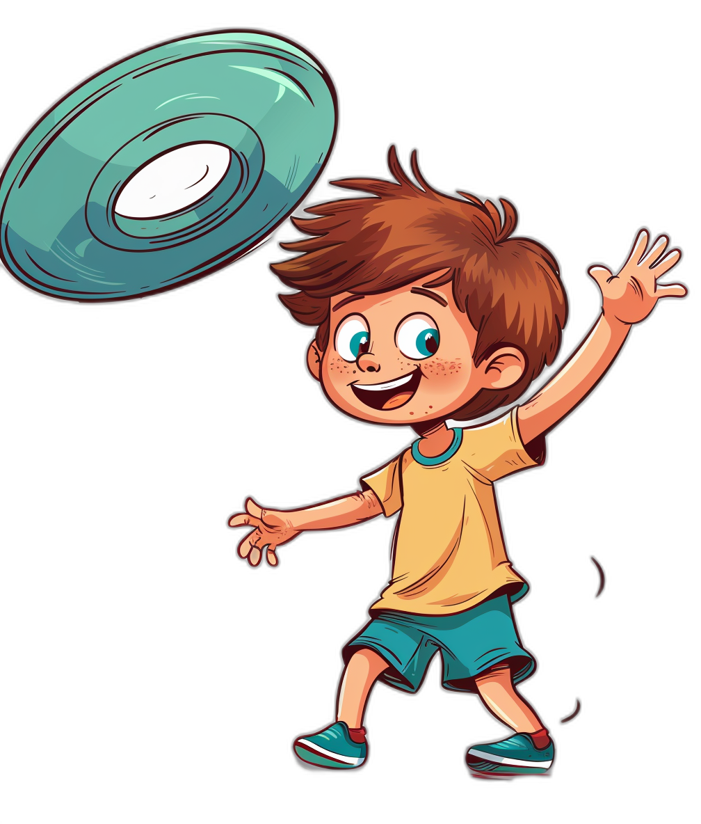 A cartoon vector illustration of an excited boy playing frisbee, isolated on a black background, for a t-shirt design. The illustration is in the style of a vector cartoon.