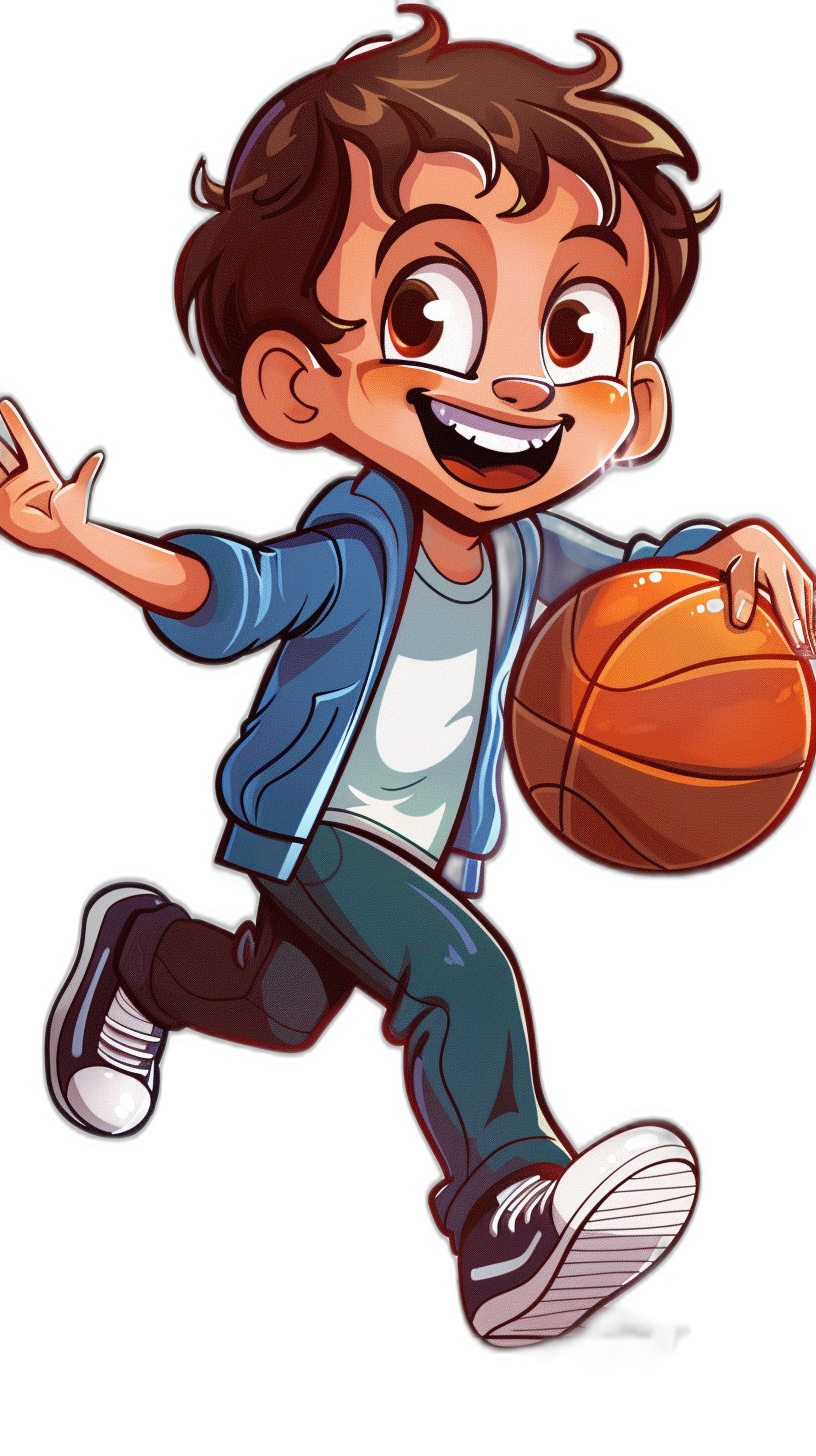 An illustration of a cute boy playing basketball, wearing a blue jacket and white shoes, smiling with brown hair in the style of vector art on a black background, a cartoon character, a 2D game asset, concept art for mobile games.