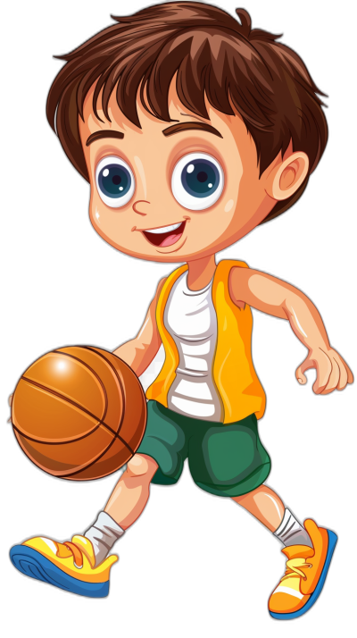 a cute little boy playing basketball, wearing white tshirt and green shorts with yellow vest decorated in orange color , holding the ball on his hand cartoon style vector illustration png format black background high resolution colorful vibrant eye catching