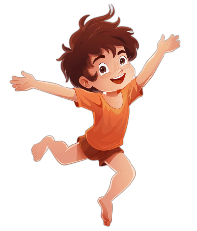 A cute little boy with brown hair, wearing an orange shirt, is jumping in the air against a black background in the style of a cartoon.