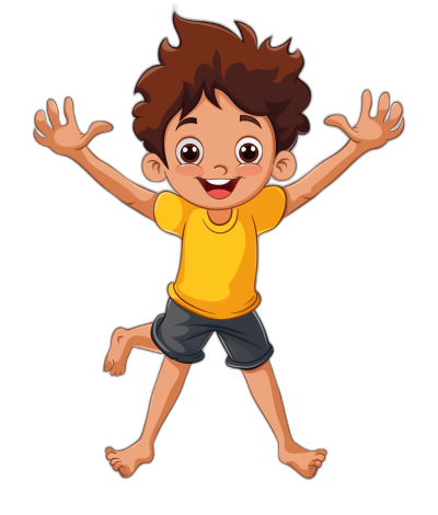 a happy boy jumping with his hands up, clip art style cartoon illustration on black background