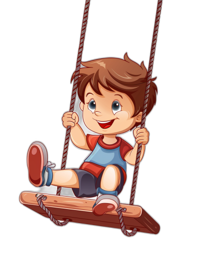 A cute cartoon of a happy boy on a wooden swing in the style of clip art, isolated against a black background.