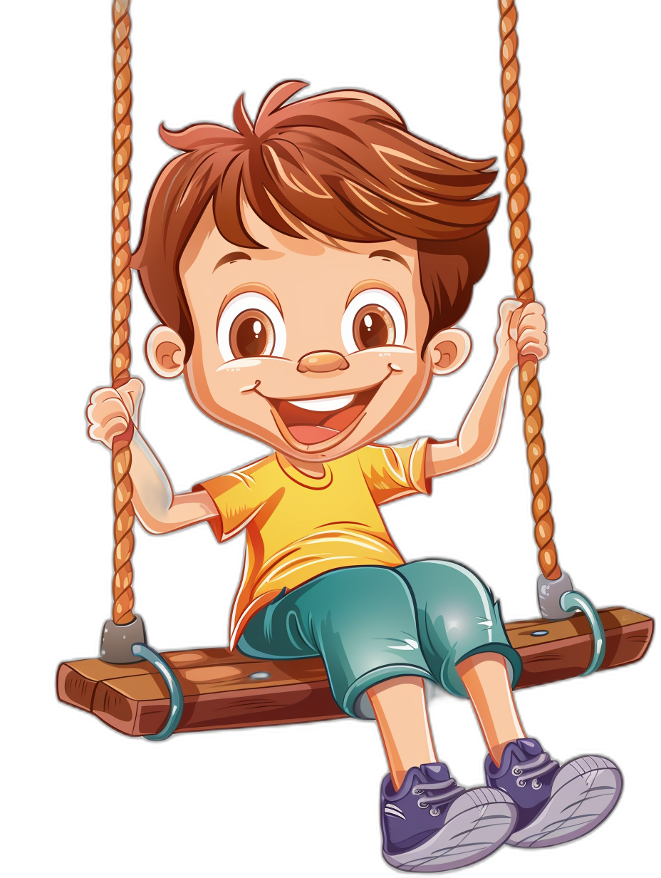 a cute happy cartoon boy sitting on the wooden swing, black background, colorful vector illustration for kids book, flat design, high contrast, high resolution, high detail, 2d3D, Pixar style, simple shading, high quality