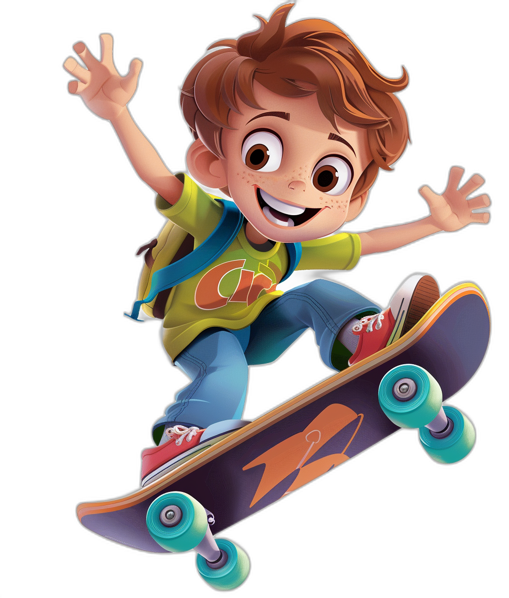 A boy with brown hair and blue eyes is riding on his skateboard. He has an excited expression, colorful , and is in the style of a cartoon style children’s book illustration. The art style is similar to 2d game character design with a black background. It is a full body shot at high resolution with no outline around the head. The style is reminiscent of cute Disney Pixar animation characters with colorful details.