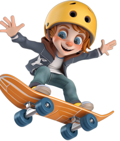 A happy young boy with blue eyes and brown hair wearing a yellow helmet, white shirt, and dark gray jacket riding on his orange skateboard in the style of a 3d cartoon with Pixar quality, like an illustration from a children's storybook against an isolated black background.