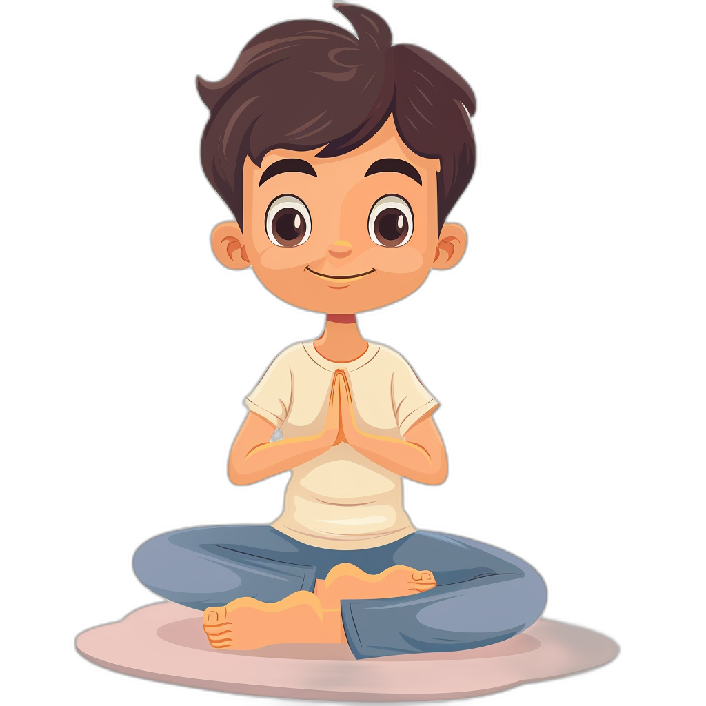 A cute cartoon avatar of an Asian boy with short hair, wearing a white t-shirt and blue pants, is sitting cross-legged in lotus position doing yoga poses on the ground. He has his hands clasped together at chest level against a black background. The overall warm color scheme creates a cozy atmosphere. This illustration highlights the children’s animation style, showcasing bright colors and soft lighting, focus stacking, vector graphics, 2D game art, and simple line strokes.