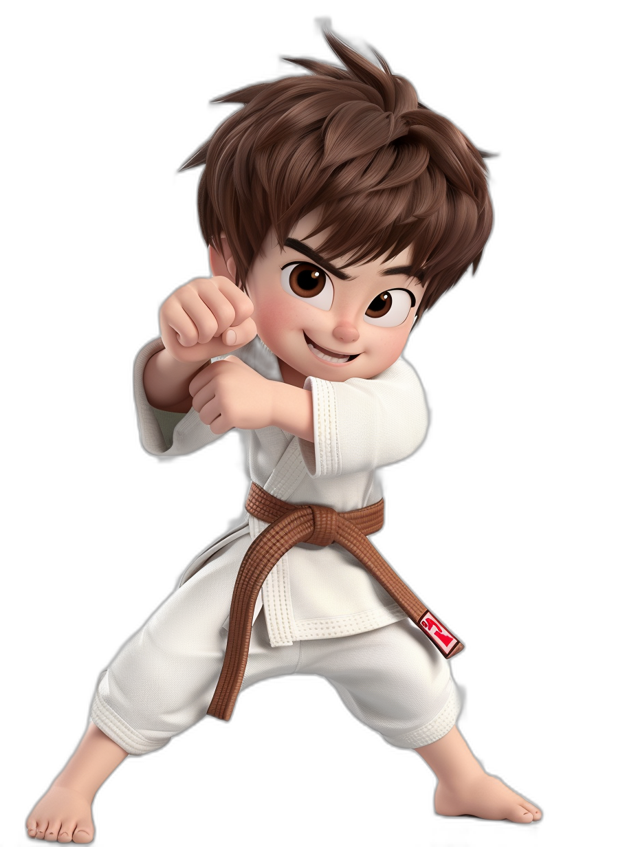 A cute baby boy in a karate outfit, with brown hair and eyes doing a karate kick against a black background, in the style of Disney Pixar cartoon.