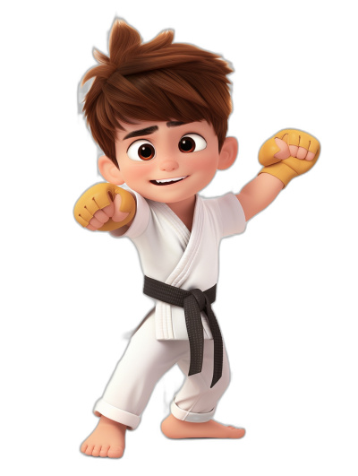 A cute little boy in a karate outfit, with brown hair and eyes doing karate poses full body against a black background, in the style of Disney Pixar cartoon.