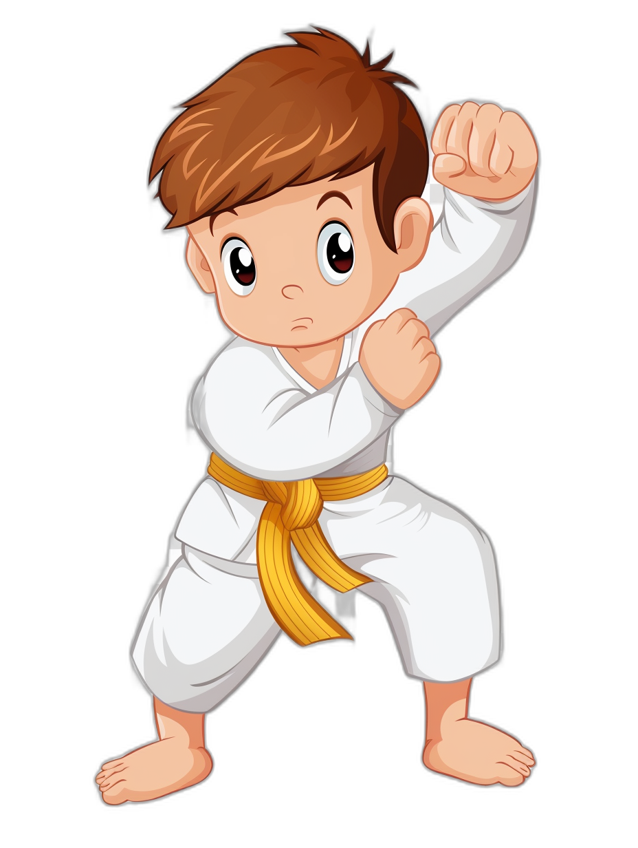 cartoon brown haired boy doing karate, wearing white pants and a yellow belt, in the style of clip art cartoon illustration for kids on a black background