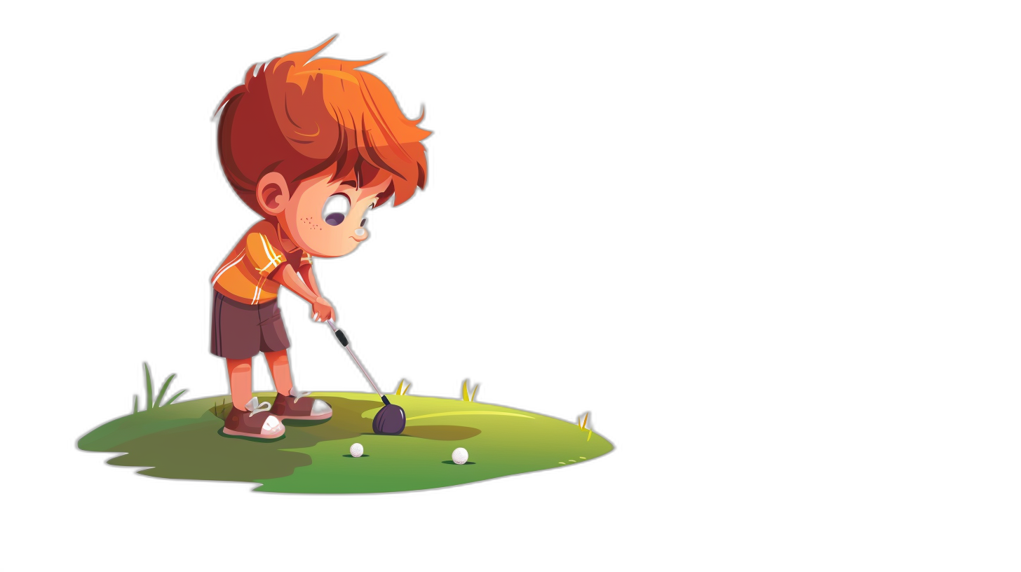 A cute little boy playing golf in a simple, flat cartoon style on a black background. 2D game art in a cute and dreamy illustrative style with simple design and details. A full-body shot of the character concept shown with solid color blocks and strong contrast of light between the foreground and background with sharp focus at a high resolution. The small red-haired child is standing on the green grass near his ball holding an iron club ready to hit it into the air. He has short hair wearing shorts and an orange t-shirt.