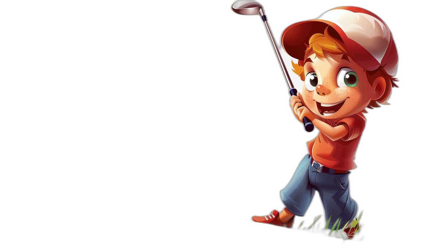 A cute happy cartoon boy playing golf against a black background in the style of Pixar and Disney animation. He wears a red shirt, blue pants and white cap.