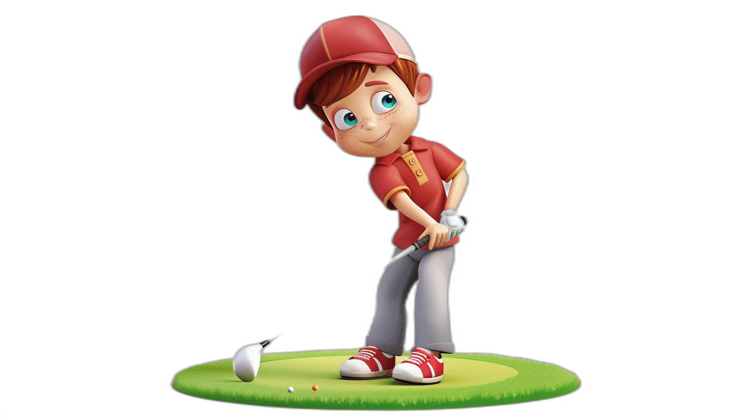 A young boy playing golf in the style of a cartoon character with a red shirt and cap against a simple black background. The design is in the pixar cartoon style with a 3d model rendering showing a full body shot of high resolution, detail, quality and sharpness. The image is a high definition, high octane render with no cropping of the full frame.