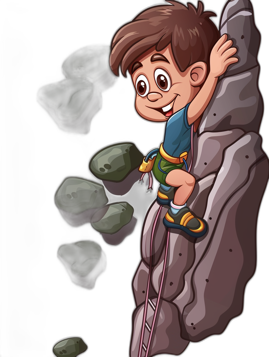 A cartoon boy climbing a rock wall in the style of clip art, on a black background, cute and adorable.