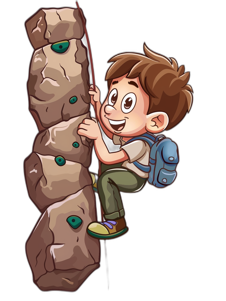 a cartoon boy climbing rock wall, wearing backpack and white shirt with brown hair in the style of Disney Pixar animation, clip art sticker design black background