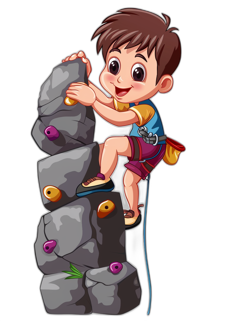 a cute cartoon boy climbing rock wall, vector illustration with black background