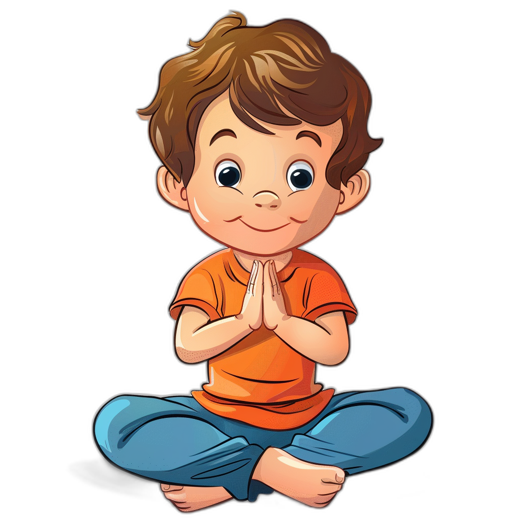 A cute cartoon boy doing yoga, simple flat style illustration with black background, wearing an orange t-shirt and blue pants, hands clasped together in prayer, eyes looking at the camera, smiling expression, high definition resolution