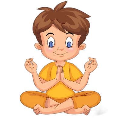 A cute cartoon avatar of an adorable little boy with brown hair, blue eyes and fair skin is sitting cross-legged in a lotus position doing yoga poses. He has his hands clasped together in prayer with the palms facing each other above shoulder height on a black background. The colors used for animation include a bright yellow t-shirt, light orange pants and white shoes. This character embodies innocence and curiosity while adding charm to the overall atmosphere.
