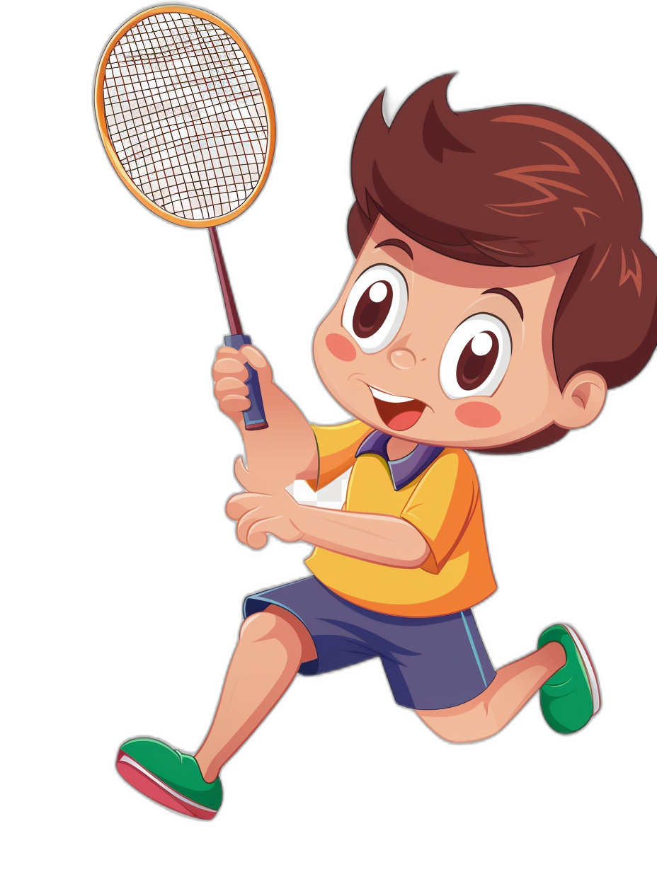 A cute happy boy playing badminton in the style of clip art with a black background.