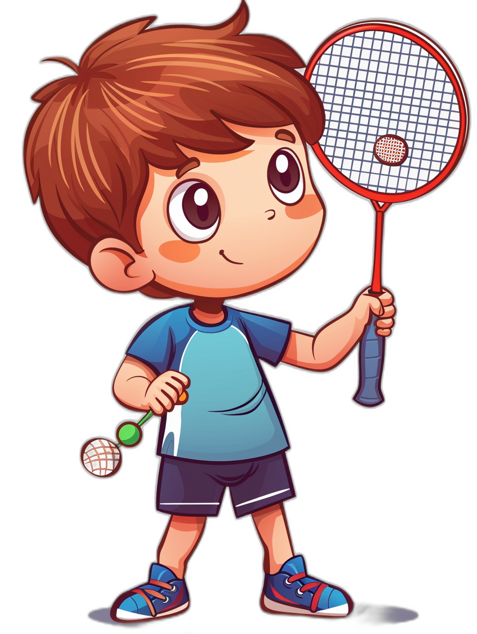 A cute little boy playing badminton in a vector illustration style with a black background and flat design as a full body portrait. He is wearing blue short sleeves and shorts, with a racket in one hand hitting the ball to play in the style of a cartoon character with bright colors. The overall color scheme is mainly brown hair. He has big eyes and a small mouth, wearing .