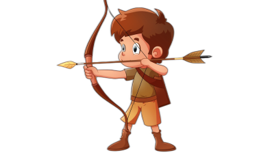 A cartoon boy with brown hair, holding an arrow and bow, in the style of Pixar's art style, simple shapes, black background.