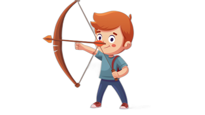 A cartoon character of an archer shooting with his bow and arrow against a solid black background in the vector illustration style with simple lines and a flat design featuring simple details suitable for 2D animation with a simple color palette depicting a full body portrait wearing simple  with a cute, childlike innocent facial expression in high resolution.