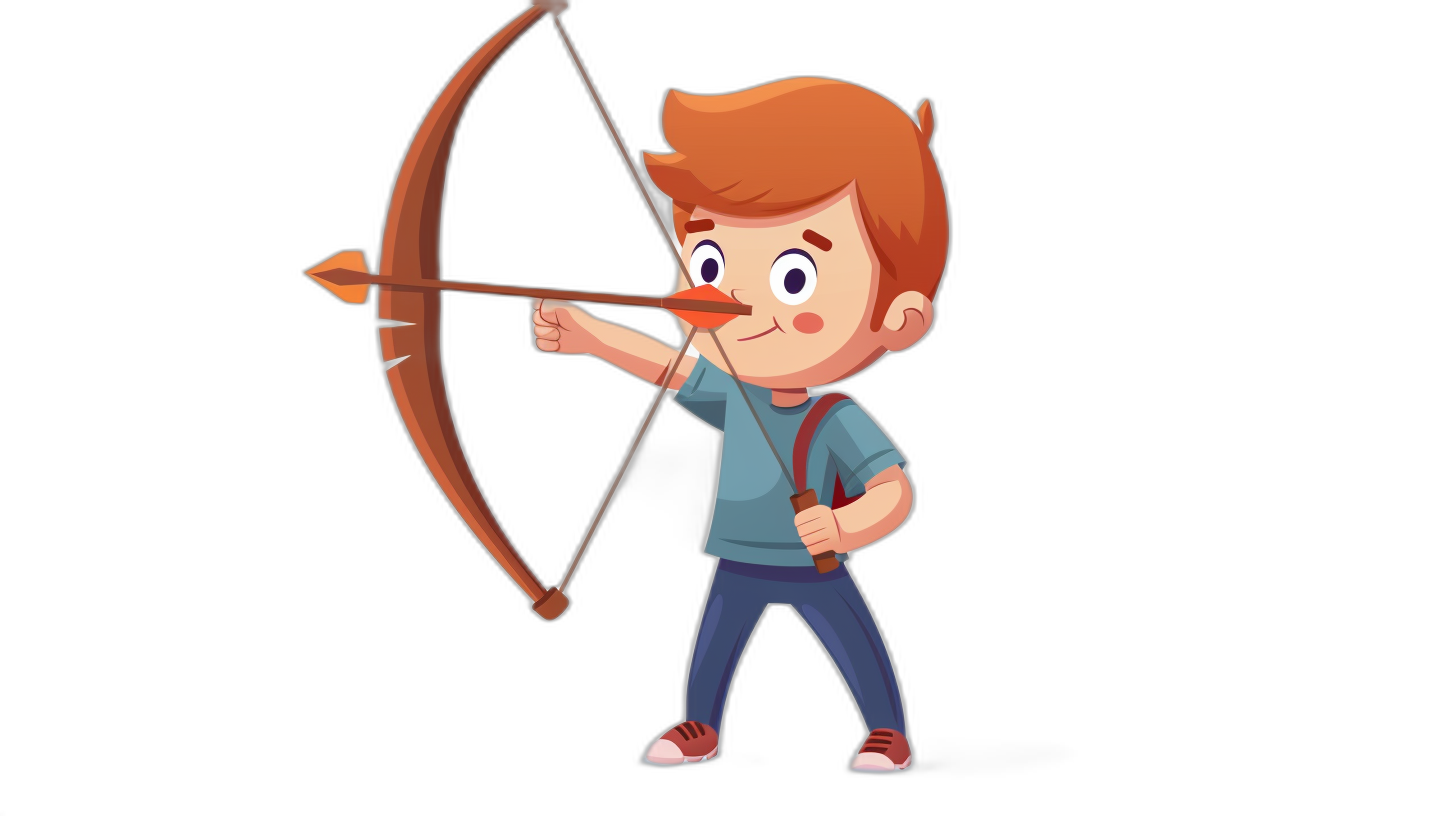 A cartoon character of an archer shooting with his bow and arrow against a solid black background in the vector illustration style with simple lines and a flat design featuring simple details suitable for 2D animation with a simple color palette depicting a full body portrait wearing simple  with a cute, childlike innocent facial expression in high resolution.